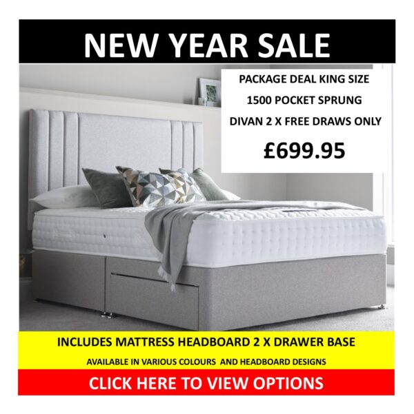 1500 Pocket Sprung Divan Set, Base, Headboard & 2 FREE DRAWERS!