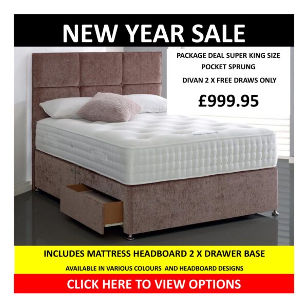 Prelude 1000 Pocket Sprung Divan Set, 26in High Headboard & 2 Free Drawers